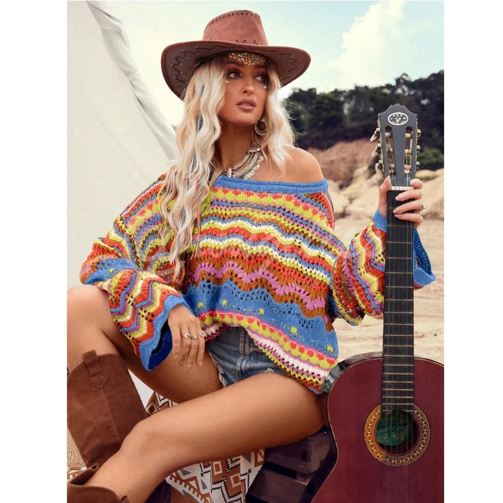 Bohemian Bell Sleeve Sweater Loose Fit Multicolor Knit Eyelet - Picture 3 of 8